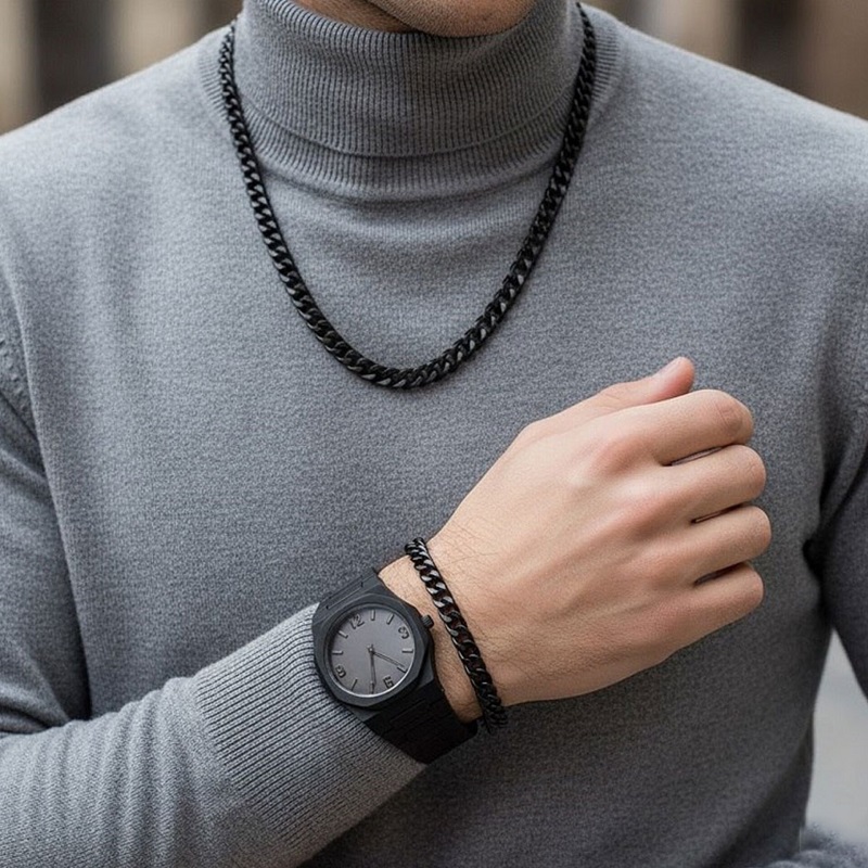 ست مردانه ساعت و دستبند و گردنبند solid black-مشکی